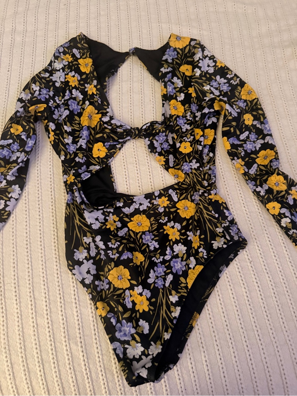 Tori Praver Black Long Sleeve Floral Cutout OnePiece Yellow & Lavender worn once